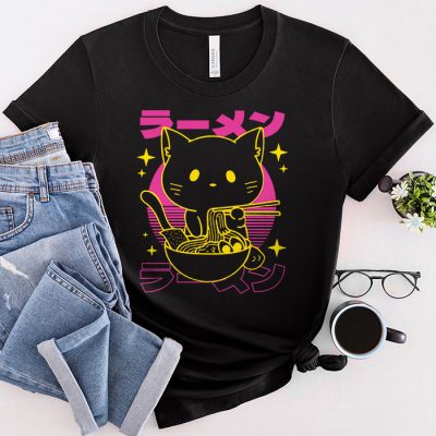 Anime Ramen Cat Retro Japanese Noodles Aesthetic Kawaii Gift T-Shirt