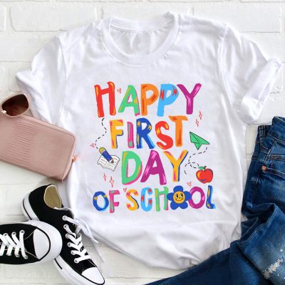 Bright Doodle Style Happy First Day Of School Teacher T-Shirt