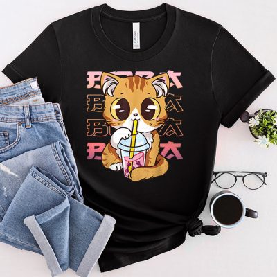 Cat Boba Anime Bubble Tea Neko Girls Kawaii Girls Teen T-Shirt