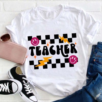 Checkerboard Smile Lightning Teacher T-Shirt