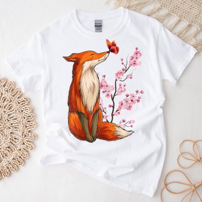 Fox Japanese Cherry Blossom Flower Vintage Gift T Shirt