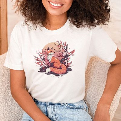 Fox Japanese Cherry Blossom Flower Vintage Gift T Shirt