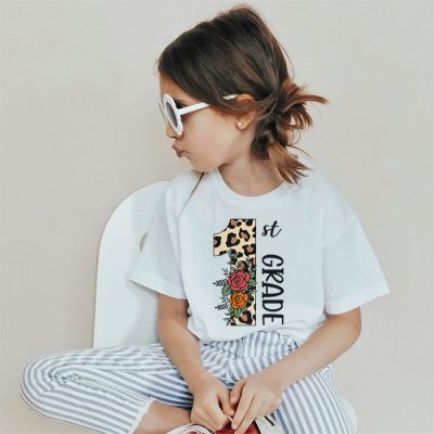 Hello 1st Grade Leopard Back To School Teacher Student Kids T-Shirt