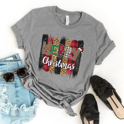 Merry Christmas Leopard Buffalo Plaid Unisex T-Shirt