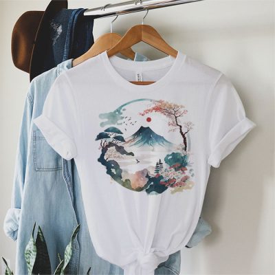 Mount Fuji Cherry Blossoms Geisha Japanese Garden Japan Art T-Shirt