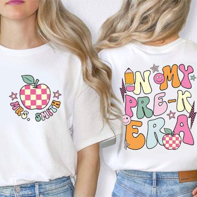 Personalized Checkerboard Apple In My Era Teacher Two Sided T-Shirt