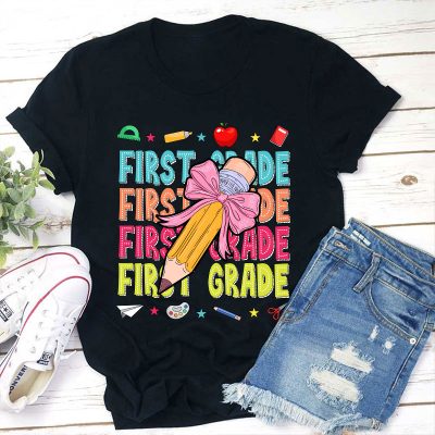 Personalized Class Bow Pencil Cute Icon Teacher T-Shirt