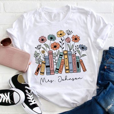 Personalized Flower Books Teacher T-Shirt