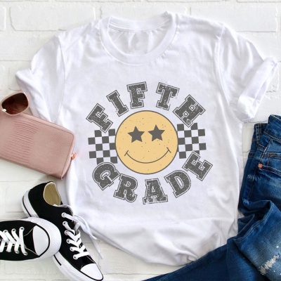 Personalized Grade Checkered Smiley Face Teacher T-Shirt