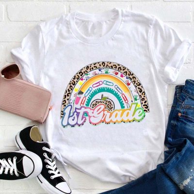 Personalized Grade Leopard Print Fingerprint Stationery Rainbow Teacher T-Shirt