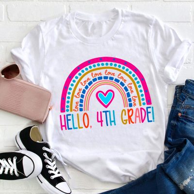 Personalized Grade Pink Rainbow Hello Love Teacher T-Shirt