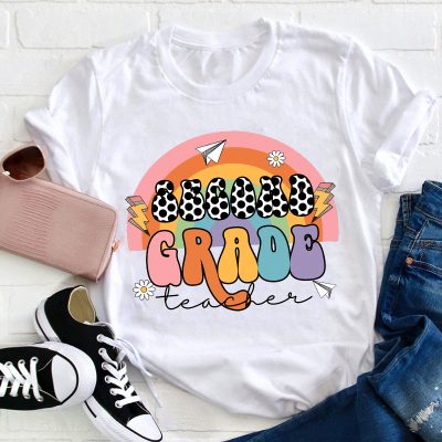 Personalized Grade Rainbow Black Dot Teacher T-Shirt