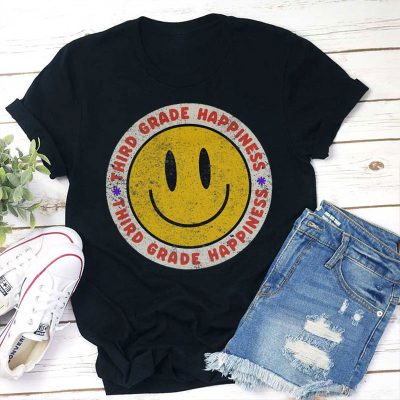 Personalized Grade Retro Smiley Face Teacher T-Shirt