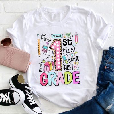 Personalized Grade School Supplies Icons Teacher T-Shirt