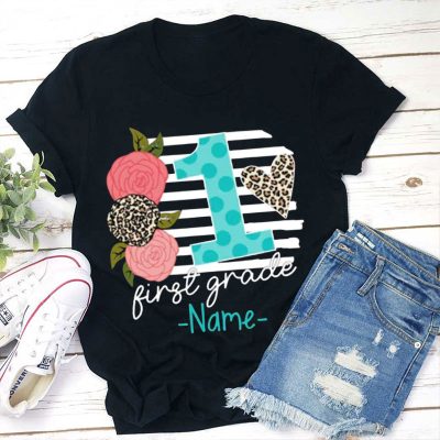 Personalized Grade With Stripes And Flowers Teacher T-Shirt