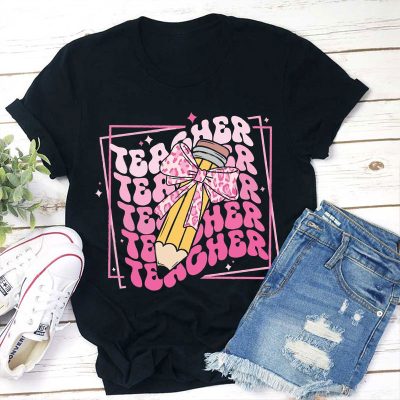 Personalized Leopard Print Bow Pencil Teacher T-Shirt