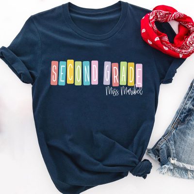 Personalized Macaron Color Grade And Name Teacher T-Shirt