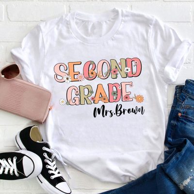 Personalized Name And Grade Flowers Teacher T-Shirt