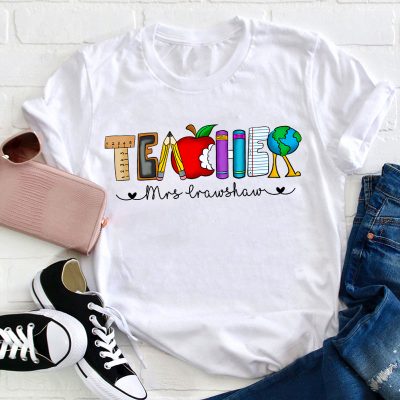 Personalized Name Cartoon Stationery Teacher Alphabet Teacher T-Shirt