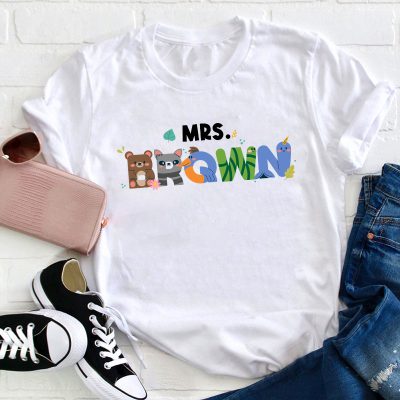 Personalized Name Cute Little Animals Teacher T-Shirt