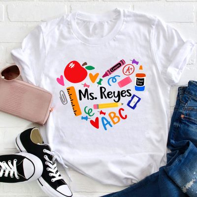 Personalized Name Heart Apple Pencil Ruler Teacher T-Shirt