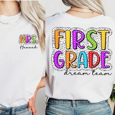 Personalized Retro Dot Neon Lights Grade And Name Teacher Two Sided T-Shirt