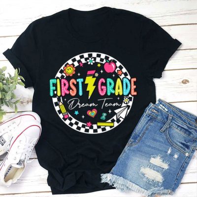 Personalized Round Neon Light Checkerboard Dream Team Teacher T-Shirt