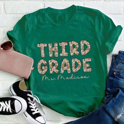 Personalized Teacher's Name And Grade Flower Font Design Teacher T-Shirt