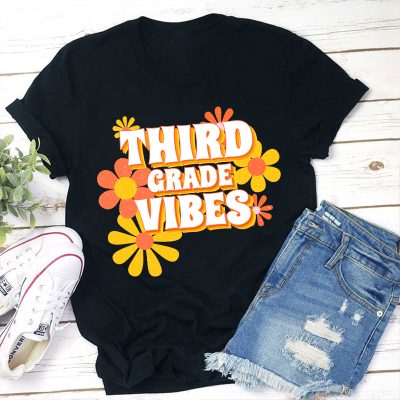 Personalized Third Grade Vibes Flowers Teacher T-Shirt