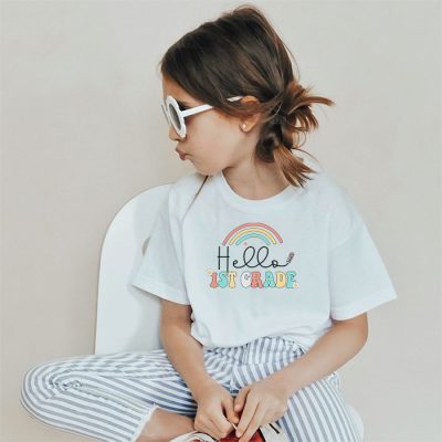 Retro First Day of School Hello 1st Grade Teacher Rainbow T-Shirt