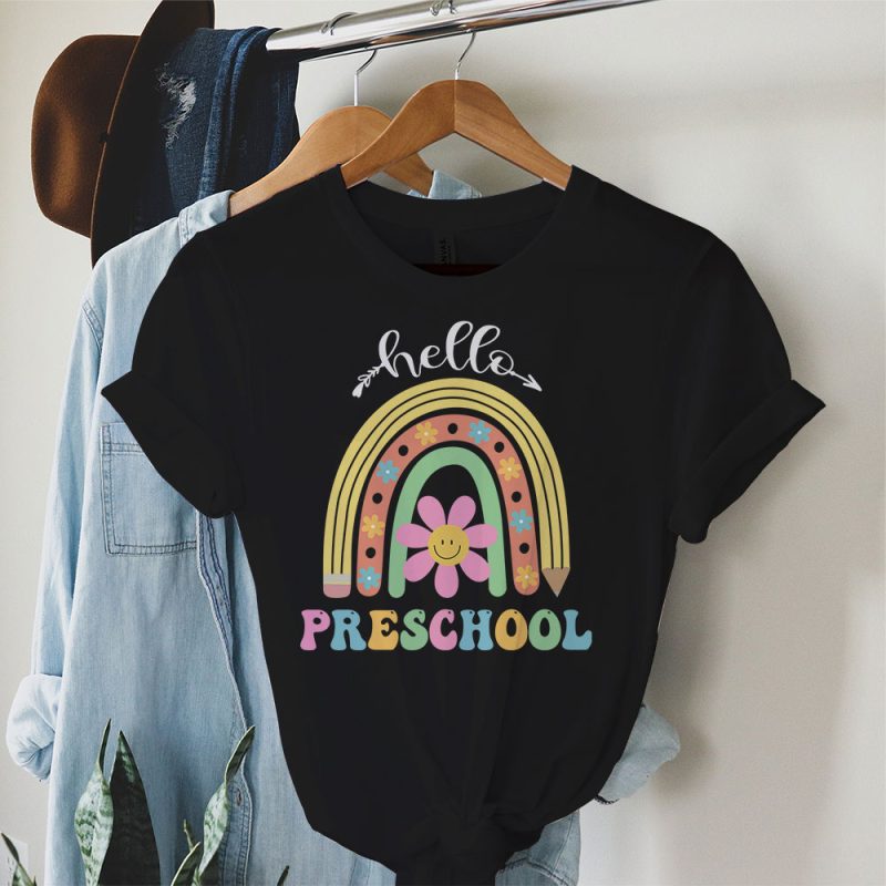 Retro First Day of School Hello Preschool Teacher Rainbow T-Shirt