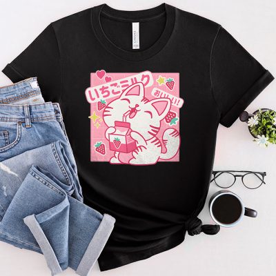 Strawberry Shake Strawberry Milk Cat Kawaii Neko Anime T-Shirt