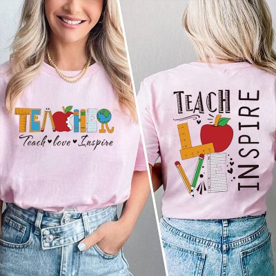 Teach Love Inspire Cute Icon Teacher Two Sided T-Shirt