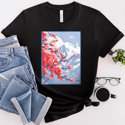 Vintage Cherry Blossom Woodblock Tee Japanese Graphical Art T-Shirt 3